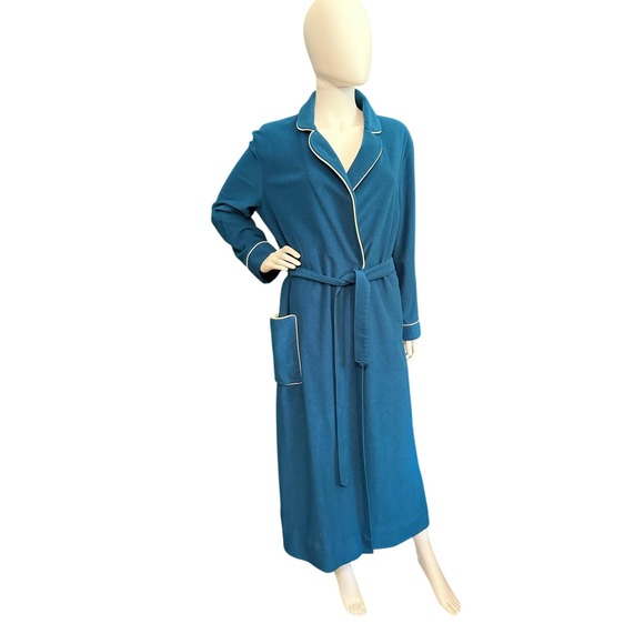 Vintage 70s 80s Peacock Blue Kayser Long Velour Robe Loungewear Womens - Picture 1 of 7